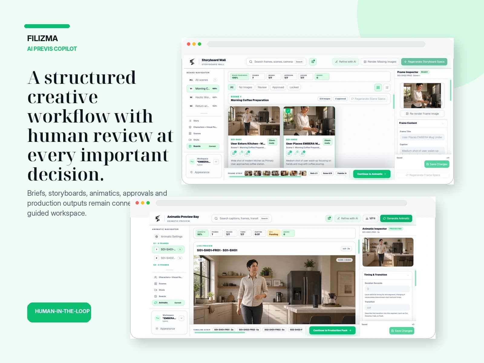 Filizma AI previsualization workspace showing storyboard and animatic review